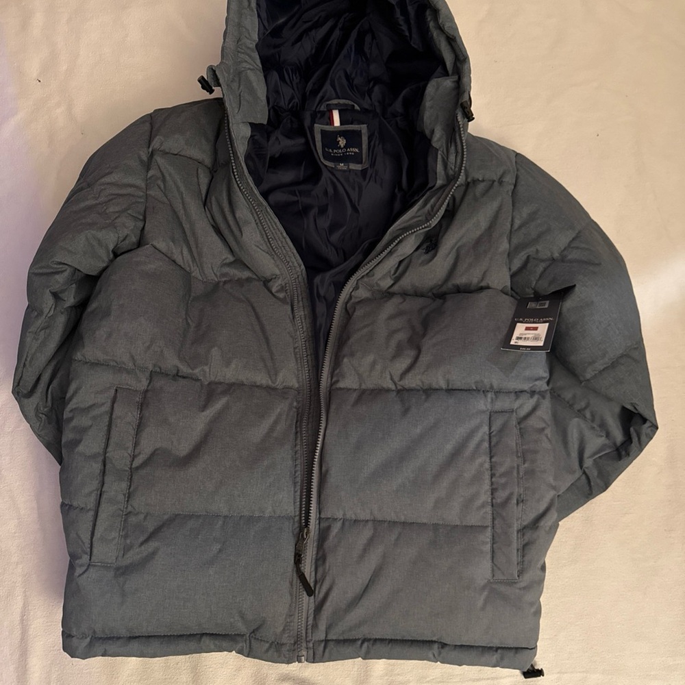 U.S. Polo Assn. Puffer Jacket Mens Gray Puffy Coat Size M